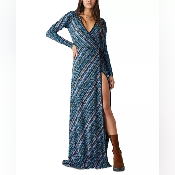 NWT Free People phoebe printed jersey maxi wrap dress in multi $168 - Picture 2 of 6